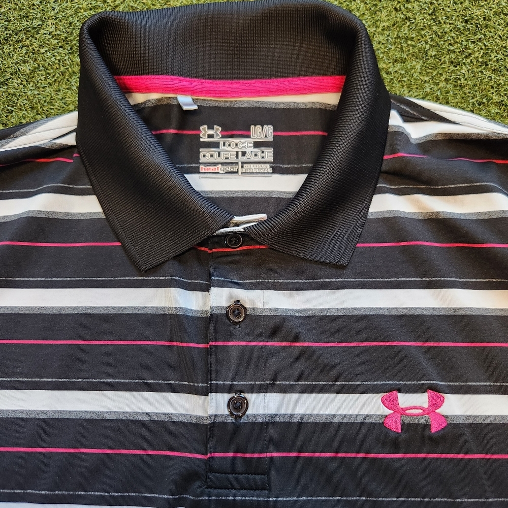 Men's Under Armour Golf Polo Size Large Heat Gear Black White Pink L